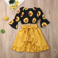 Pudcoco Toddler Baby Girl Clothes Off Shoulder Sunflower Print Flare Long Sleeve Crop Tops Tutu Short Pants Skirt 3Pcs Outfits Y20253u