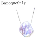 BaroqueOnly light purple irregular baroque flat pearl high luster 15-20mm 925 silver sterling box chain pendant necklace Q0531178U