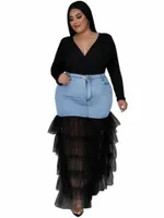Юбки 4xl Большой размер женщин джинсовая юбка мода мода сетка сетчатые лоскутные слои повседневное торт с высокой талией.