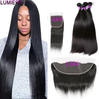 Human Hair Bulks Lumiere 30"-40" Mongolian Natural Color Bone Straight 3 4 Bundle With 4X4 Medium Brown Closure And 13X4 Lace FrontalHuman