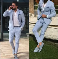 Light Sky Blue Slim Fit Mens Prom Suit Notched Abel Groomsmen Beach Wedding Tuxedos For Men Blazers 2 Pieces Jacket Pant