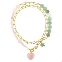Pendant Necklaces Gem Pink Quartz Jade Heart Choker Necklace Jewelry Women Natural Stone Star Chunky Chain Long Double Wrap LayerPendant