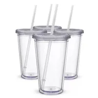 16oz Plastik klare Becher Doppelwand Acryl Clear Trinksaftbecher mit Deckel und Strohkaffeetasse DIY Transparent Tassen FY5391 0803
