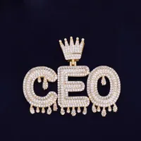 Custom Name Gold Silver Rosegold Crown Bail Drip Initials Bubble Letters Chain Pendants Necklaces For Men Women Cubic Zircon Hip H2669