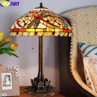 FUMAT Tiffany Style Table Light Red Dragonfly Shade Bronze Frame Lotus Casted Base 20&quot; Stained Glass Desk Lamps Luxury Art Decor