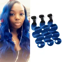Indian Jungfrau Haar 3 Bündel Körperwelle 1B Blau Ombre menschliches Haar Erweiterungen Drei Stücke 1B Blue277u