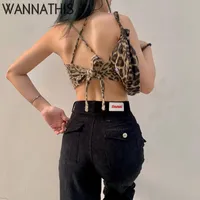 Wannathis Leopard Y2k Imprimé Crop Top Womens Bandage Backless Sexy Cami Summer Top sans manches Coton Coton Woman Clothes 220607