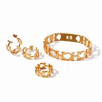 Ohrringe Halskette hochwertige rosariode Gold plattierte CH verknüpfte Federdesign Edelstahl Ring Armreifen Sets Schmuck für Frauenarrings Earl22