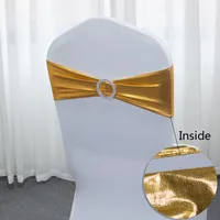 50 -stcs/perceel metallic gouden stoel Sashes Wedding Chair Decoratie Spandex Chair Cover Band met ronde gesp voor feestdecor 220611