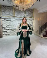 Yeşil Kadife Kaftan Gece Elbise Uzun Kollu 2022 Parti Elbise Denizkızı Resmi Elbise Orta Doğu Balo Feshi Yarık Aplikler