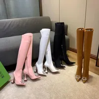 2022 Amina Muadi Boots Women Over Knee Boot مدببة أزياء الفخذ عالية الحذاء Black Desert Boots Winter Wedding Fress Shoes مع Box No389