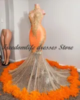 فساتين الحفلات Vestidos de Boda Invitada Black Girls Orange Mermaid Prom 2022 Sequin Luxury Feathers Devers