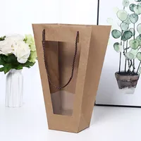 Blumenverpackungstasche mit klarem Fenster Trapezusform tragbare Geschenkverpackungskästen Blume Geschenk Kraftpapierbeutel Home Dekoration