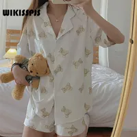 Wikisspjs Pijama kadın Sevimli Kollu Şort Kawaii Iki Parçalı Set Yaz Loungewear Uyku Bear Cub Karikatür PJS JP (Origin) 220329