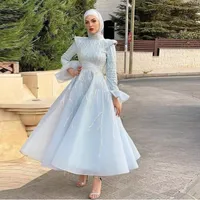 sky Blue Muslim Prom Dresses High Collar Long Sleeve Beading Arabic Dubai Evening Party Gowns Organza Formal Wear