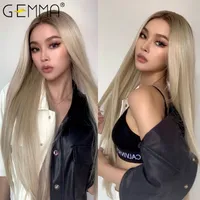 Gemma Long Silky Straight Ombre Brown Light Blonde Lace Part Synthetic Hair Wigs for Black Women Natural Cosplay Front 220329