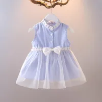 소녀의 드레스 여름 유아 출생 한 여자 아기 옷 귀여운 스트라이프 슬립 벨라스 바우 레이스 공주 한국어 버전 드레스 걸어