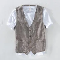 Men&#039;s Vests Mans Vintage Linen Suit Vest Slim Material 55%linen 45%cotton Male Casual Striped Thin Waistcoat Asian Size M-3XLMen&#039;s Luci22