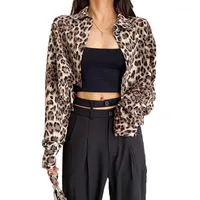 여자 블라우스 셔츠 표범 프린트 셔츠 여름 가을 긴 소매 하이 허리 짧은 재킷 코트 암컷 겉옷 탑
