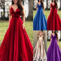Kadınlar için Elbiseler Zarif Seksi Düğün Partisi Balo V Yastığı Kolsuz Sling Sırtsız Satin Uzun Maxi Kırmızı Kırmızı Boyut Giysileri 220509