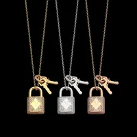 Europe America Fashion Style Lady Women Titanium steel Necklace With Engraved V Initials Full Diamond Lock Double Keys Charm255B