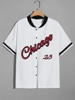 Men Shirts Letter Print Graphic Baseball Collar American Streetwear Style Causal Patchwork Plaid Basketball Shirt