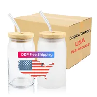 US Warehouse 12oz 16oz Tumblers Sublimation Glass Beer Mugs With Bamboo Lid Straw Diy Blanks Frosted Clear Can Shaped Tumblers Cups Heat Transfer Cocktail