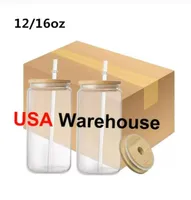 Magazzino locale USA 12 onlimazione da 16 onlimazione tazze di birra in vetro a forma di lattine di bicchiere di bicchiere di bicchiere di soda con coperchio di bambù con coperchio di bambù