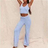 Women's Tracksuits Women Sexy 2 Piece Fuzzy Plush Outfits V-Neck Backless Crop Top Long Pants Winter Sweater Solid Color Paja174B