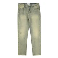 Высотая улица вымытая отверстие в желтых джинсах Мужские хараджуку ретро прямые карманы сплошные цветные мешковатые брюки для джинсовой ткани.