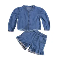 Citgeett Autumn Kids Girls Denim T-Shirt und Shorts Set Mody Solid Color Long Sleeve Weste Short Hosen Kleidung J220712