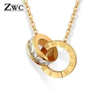 ZWC New Fashion Luxury Gold Color Roman Numeral Necklace Pendants for Women Wedding Party Stainless Steel Necklace Jewelry Gift12159
