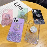Glitter Sparkle Bling Women Girls Cute Case With Ring Kickstand Slim Soft Silicone Phone Protective Cover för iPhone 13 Pro Max 11 12 Mini XS Max XR X 6 7 8 Plus