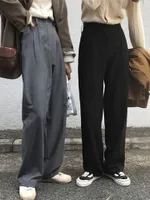 Houzhou Grey Wide Leg Pants Suit Women All Match 가을 기본 사무실 Lady Harajuku 검은 바지 캐주얼 느슨한 빈티지 한국 220725
