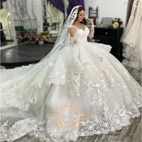 Gorgeous Lace Ball Gown Wedding Dresses Princess With Long Sleeve V-neck Ruffle Layers Chapel Train Bridal Dress Vestidos De Novia240E