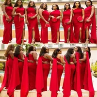 2020 Cheap Arabic Red Mermaid Bridesmaid Dresses One Shoulder Side Split Floor Length Long Wedding Guest Dress Formal Maid of Hono2083