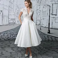 Vintage Lace Tea Length Short Wedding Dresses With Cap Sleeves See Through V Neck 1950s Wedding Bridal Gowns Vestido De Novia Cust200W