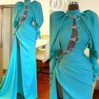 High Neck Blue Evening Dresses Long Sleeves Side Split Mermaid Prom Dress Custom Made Red Carpet Gowns239W