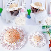 Dog Apparel Est Pet Straw Hat Lace Bow Sunhat Cute Woven Beach Sombrero Hats Hawaii Style Dogs Cat Costume AccesseriesDog