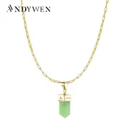 Andywen 925 Sterling Silver Gold Geometric Rectangle Chain Necklace Green Pendant Gems Crystal Zircon Women Rock Punk Jewelry 220805