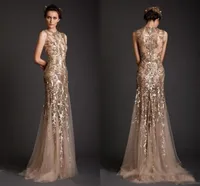 2019 Sparkly Gold Mermaid Evening Dresses Krikor Jabotian Sheer See Through Applique Prom Dress Emboridery Long Formal Dubai Gowns