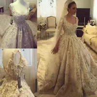 Luxury Lace Ball Gown Bröllopsklänningar Scoop Neck 3D Floral Appliques Pärlor Rhinestone Suadi Arabic Beach Wedding Dress Sweep Train Plus