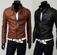Läderjackor för män 2015 Fashion New Korean Slim Stand-up Collar Sport Jackor Mens Leather Jacket PU Motorcykel Kort Jacka Coat