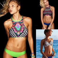 2016 Yeni Renkli Çiçek Halter Boyun Bikini Bandaj Mayo Yüksek Kaliteli Mayo Beachwear Mayo Bikini Brezilyalı