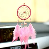 Broszki samochodowe ornament Wiszące Pink Pióra Wiatr Chimes DreamCatcher Okrąża sieć z koralikami Wedding Party Decoration Craft Prezent