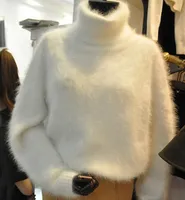 도매 - 겨울 두꺼운 따뜻한 밍크 캐시미어 스웨터 여성 대형 터틀넥 니트 스웨터와 풀오버 느슨한 흰색 퍼지 스웨터 코트