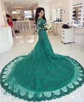 Prom Dresses vestito da sera arabo Emerald Green Lace maniche lunghe con i Appliques Corte dei treni formales Abendkleid Mermaid Dubai per nozze