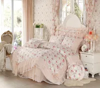 Partihandel-koreansk stil spets prinsessa sängkläder uppsättning hem textil 4st blomma sängkläder säng kjolar flicka sängkläder duvet täcker drottning kung