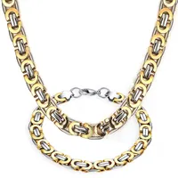 Moda wysokiej jakości 316l ze stali nierdzewnej Srebrny Złoty Dwa Tone Płaskie Bizantyjskie Łańcuch Naszyjnik + Bransoletka Unisex Zestaw Biżuterii