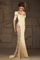 Vintage scollo a V sirena in raso maniche lunghe applique paillettes abiti da sera in oro formale modesta madre del vestito da sposa 2014